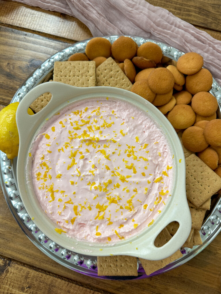 pink lemonade dip on silver tray with dippers