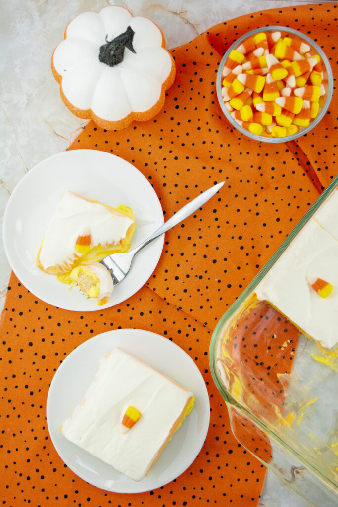 overhead shot of candy corn lush plated and in pan