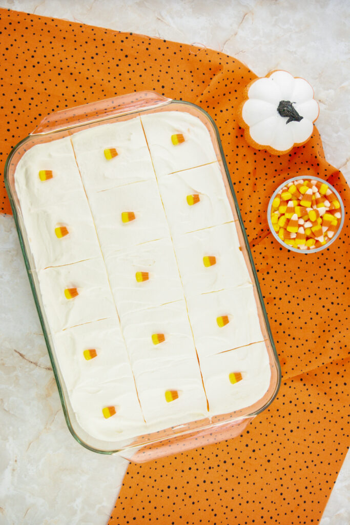 9x13 pan of candy corn dessert - candy corn lush for Halloween