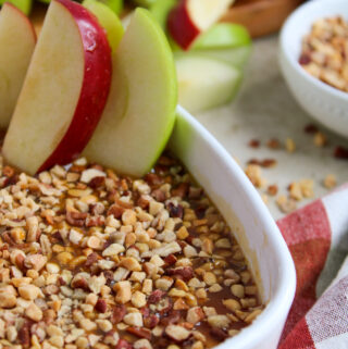 cream cheese caramel apple dip in white bowl