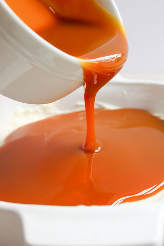 caramel pouring into dish