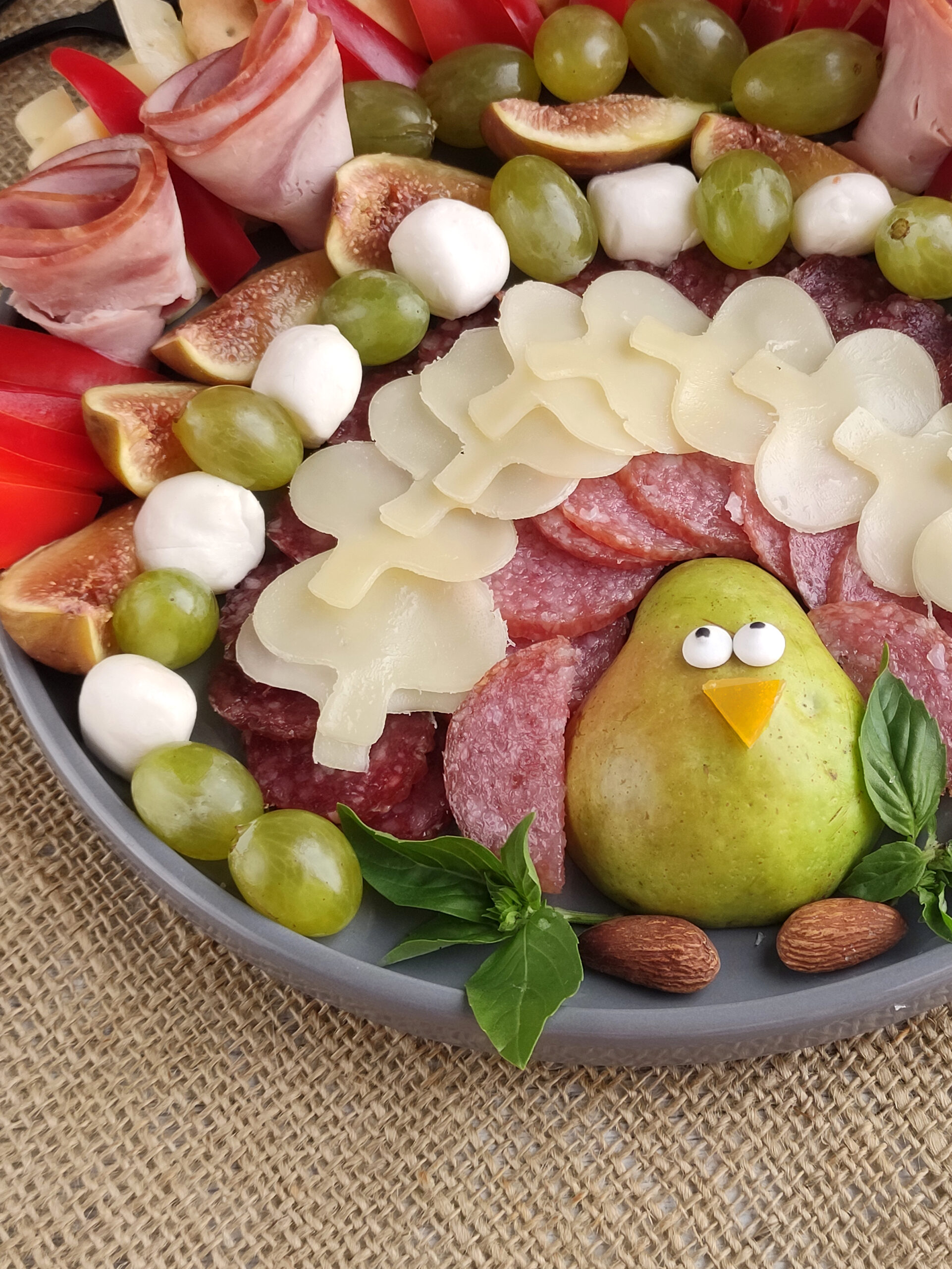 turkey charcuterie board for Thanksgiving on gray tray