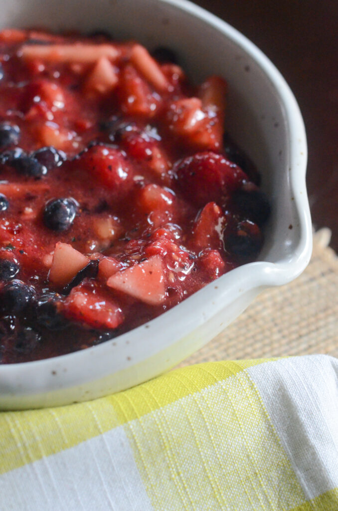 berry fruit salsa in white serving bowl