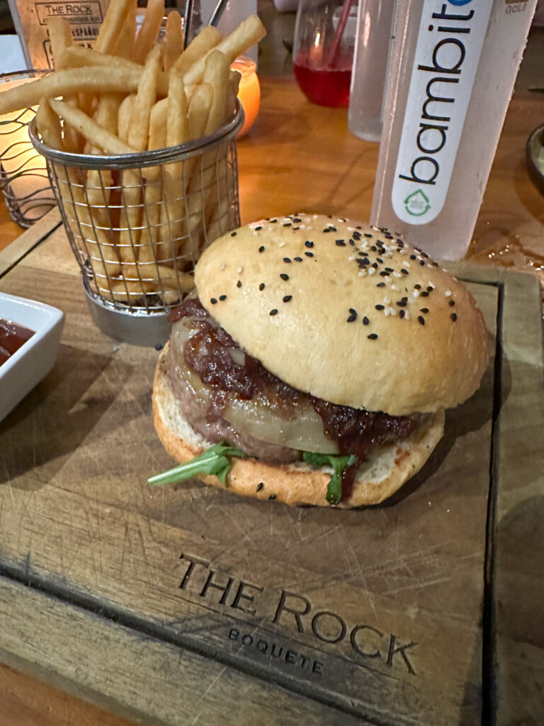 burger and fries from The Rock restaurant in Boquete, Panama