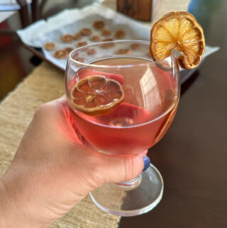 dehydrated fruit wheels in cocktail in woman's hand with tray in back