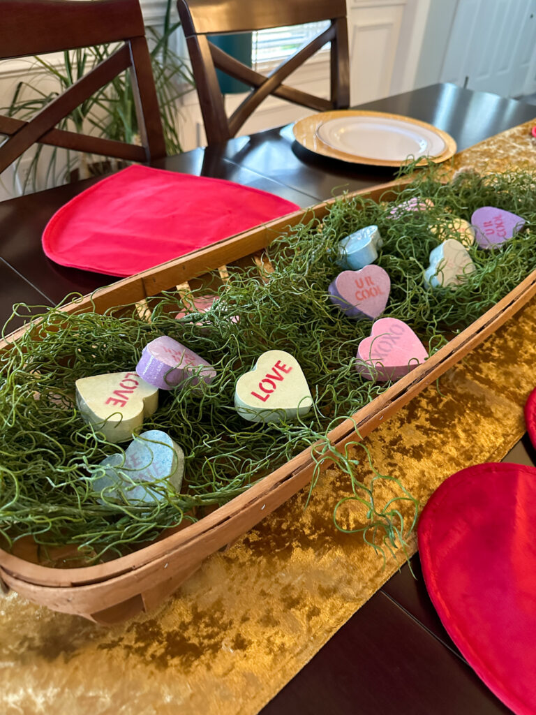 conversation heart bath bombs in basket for Galentine's brunch party favors