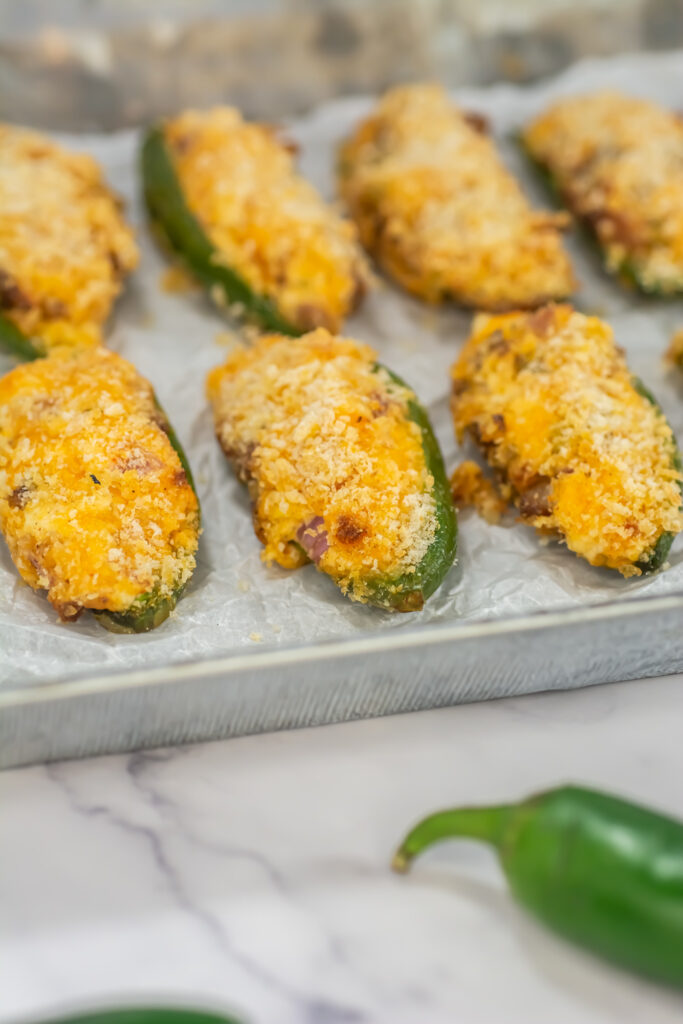 air fryer jalapeño poppers on silver tray
