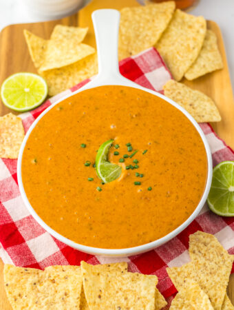 top down view of Chili's copycat queso over spread of chips