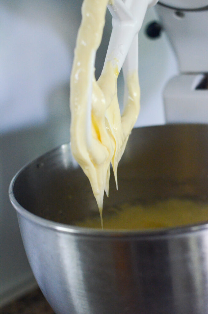 batter on mixing bowl paddle