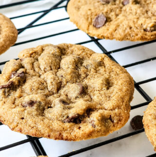 Mrs. Fields copycat chocolate chip cookies on a cooling rack