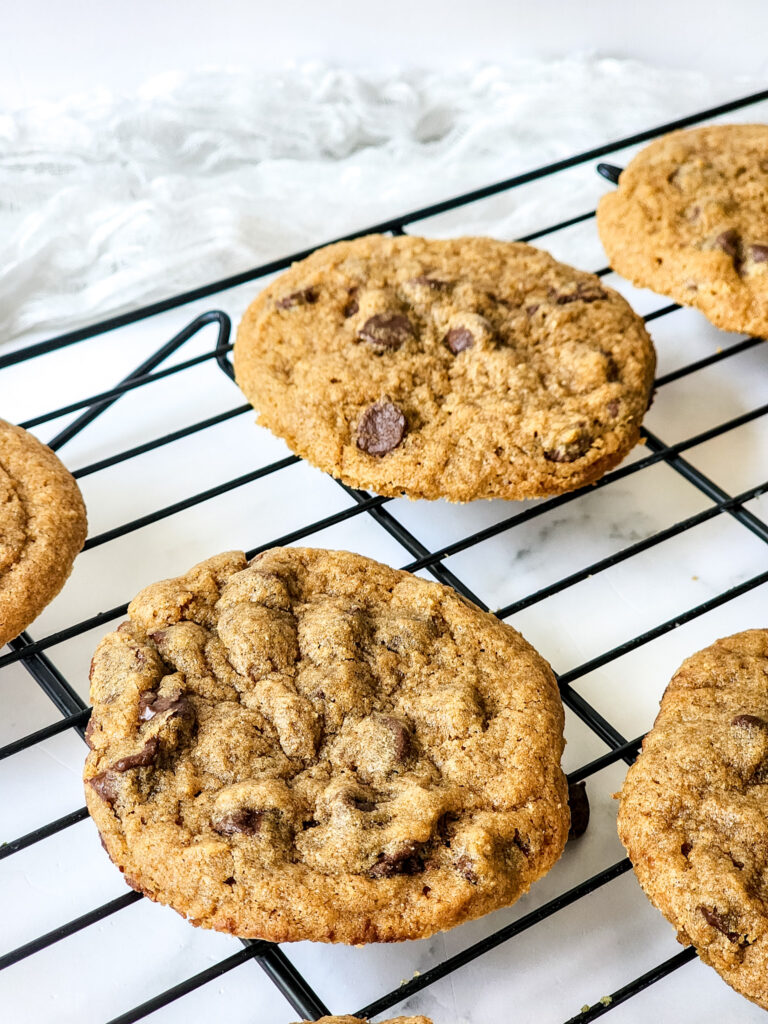 Mrs. Fields chocolate chip cookies on wire rack