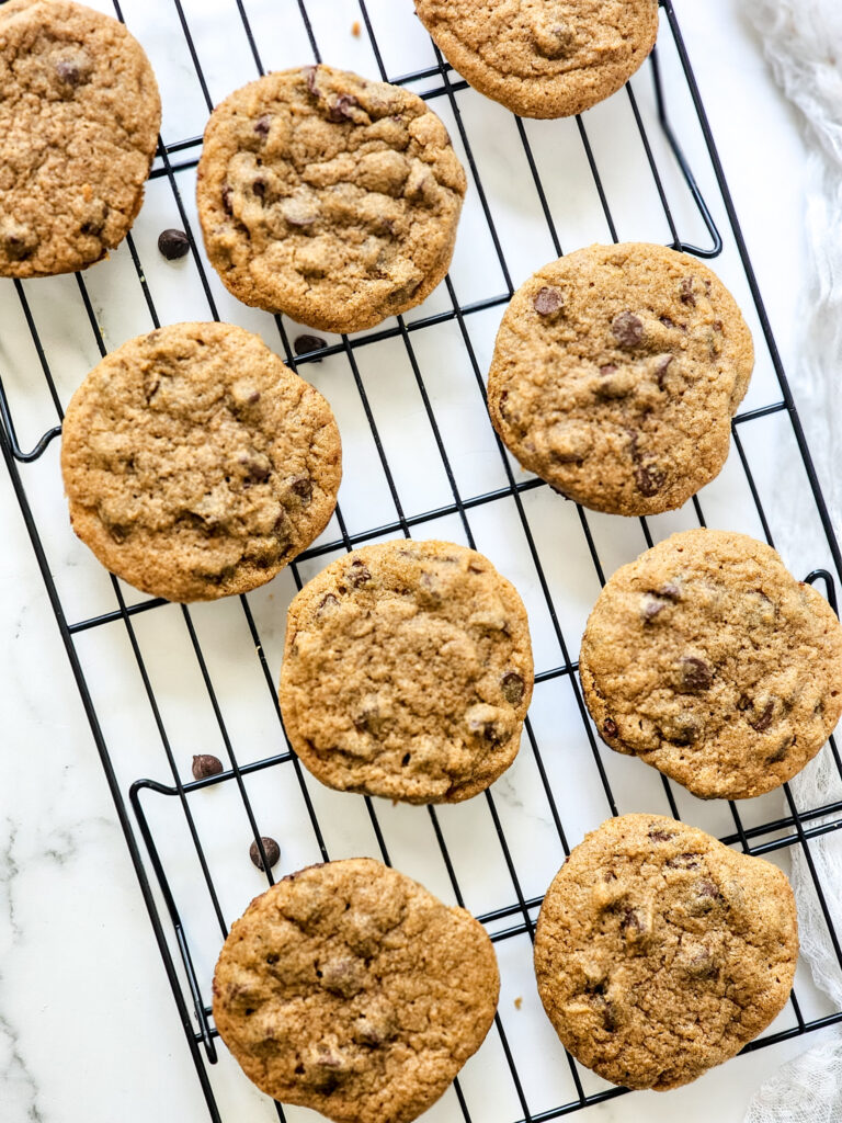 copycat Mrs. Fields chocolate chip cookies on wire rack