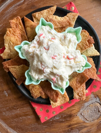 peppermint cream cheese dip in snowflake bowl