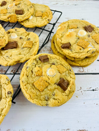 ultimate s'mores cookies leaning on baking rack