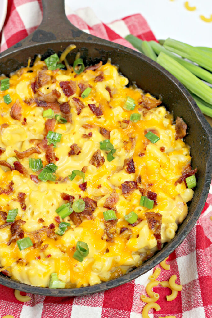 top down view of cast iron mac and cheese with bacon ranch