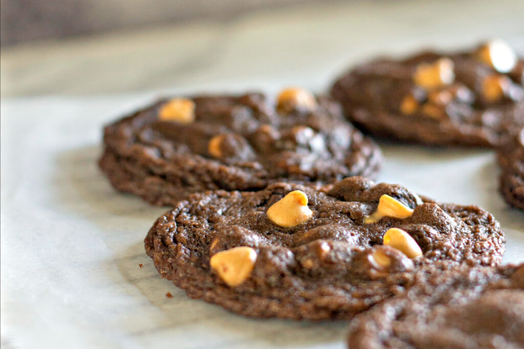 horizontal shot of chocolate cookies with peanut butter chips