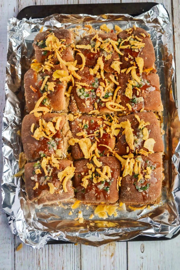 prepared sloppy Joe sliders in pan, ready for the oven