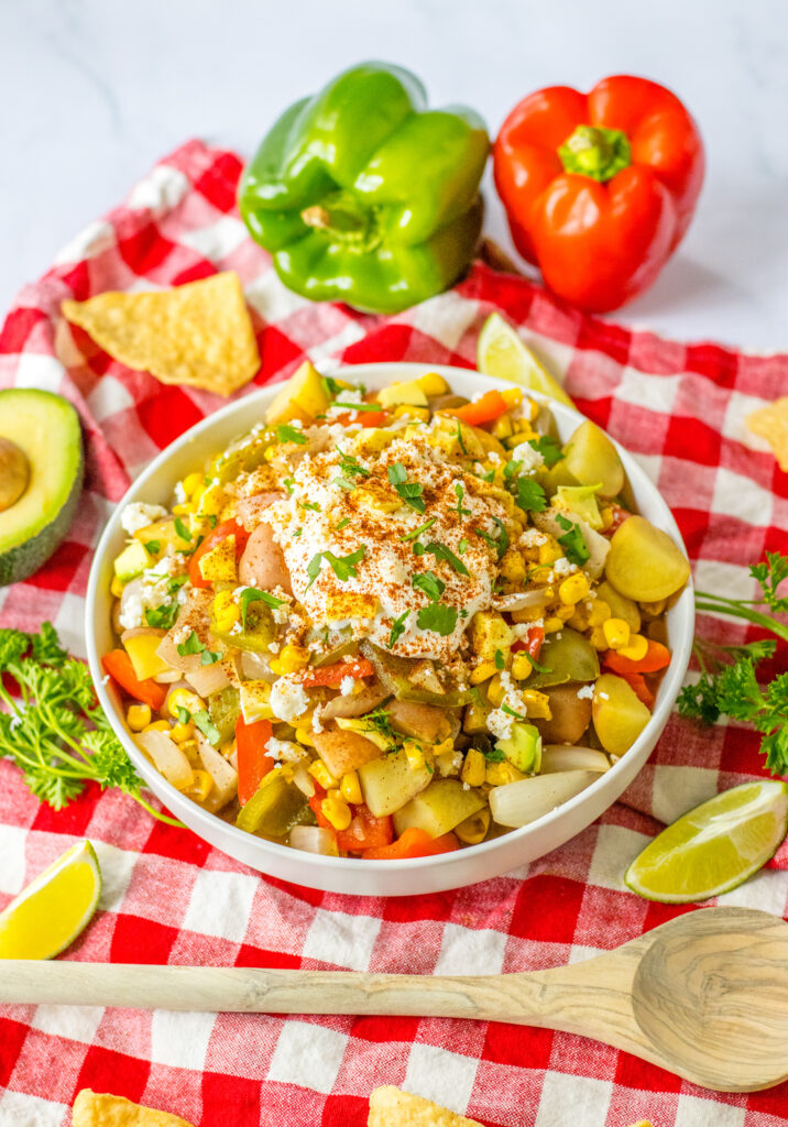 angled view of slow cooker Mexican street corn soup 