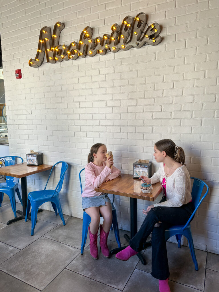 two girls eating ice cream at The Baked Bear in Nashville itinerary with kids visit