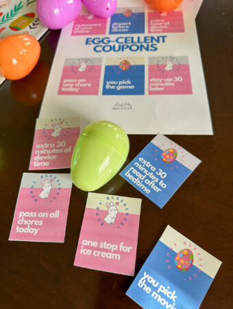 Easter egg coupons for plastic Easter eggs on wood table