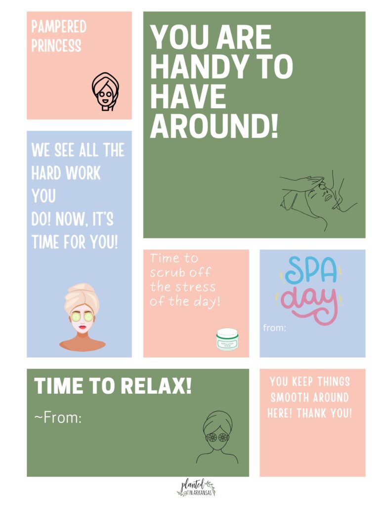 spa day gift tags in a free download PDF