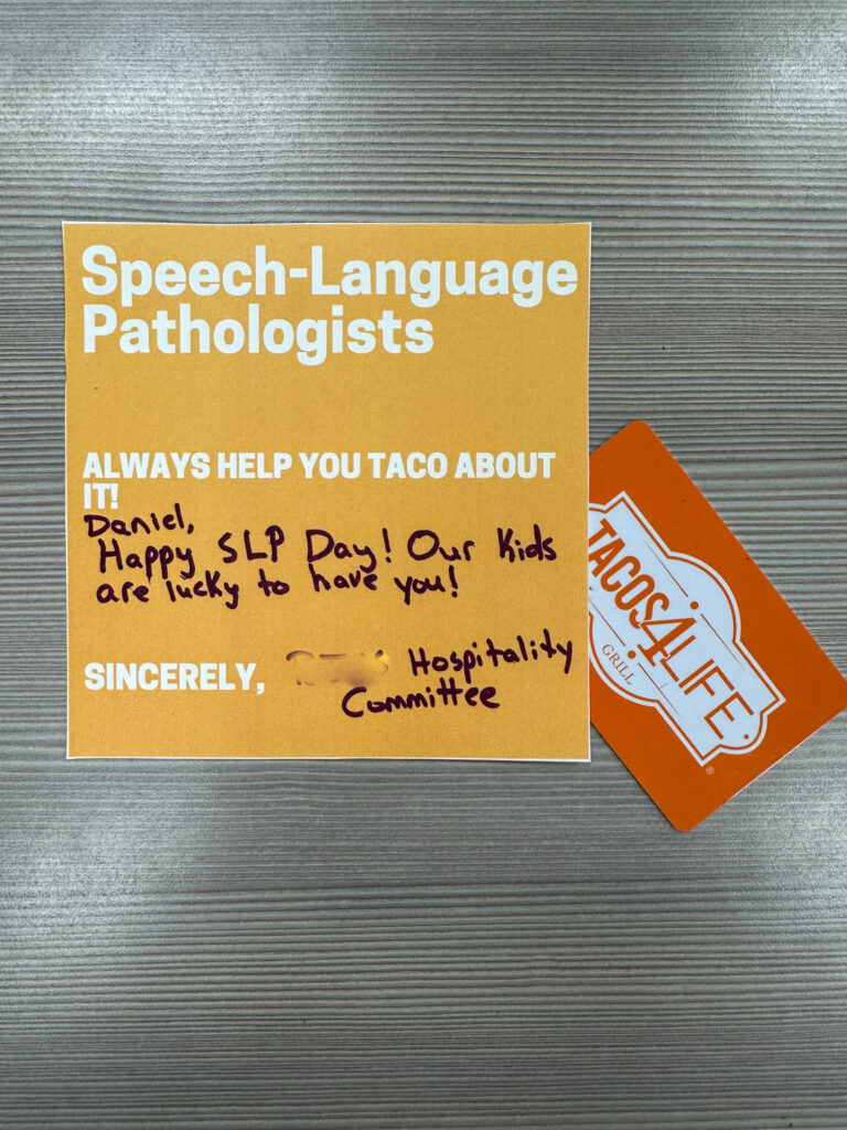 SLP gift tag on table