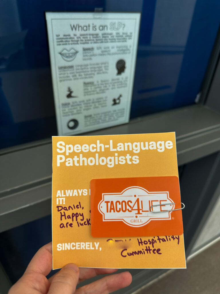 gift tags for speech language pathologist day in woman's hand