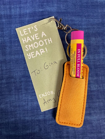 printable and free lip balm gift tags with Burt's Bees tub in Chapstick pouch on keychain