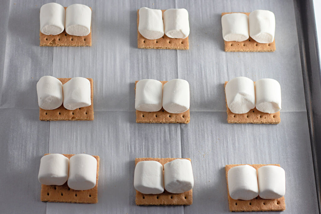 marshmallows on graham crackers on parchment paper