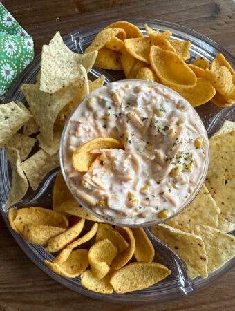 chilled Mexicorn dip with Rotel in a chip platter