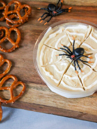 spiderweb Halloween hummus top down view