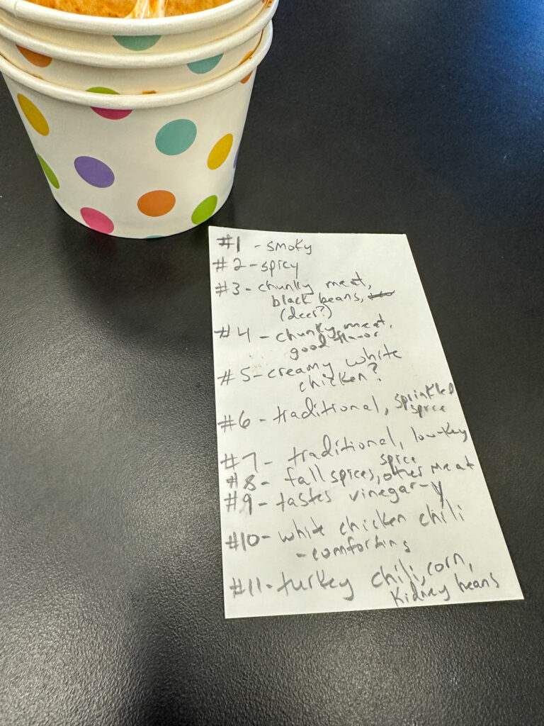 notes about the chili at a chili cook off at work
