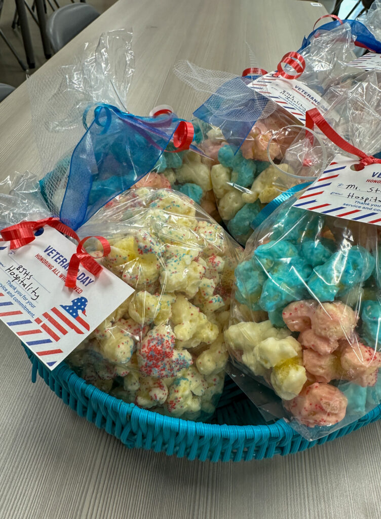 patriotic popcorn with Veteran's Day gift tags in blue basket