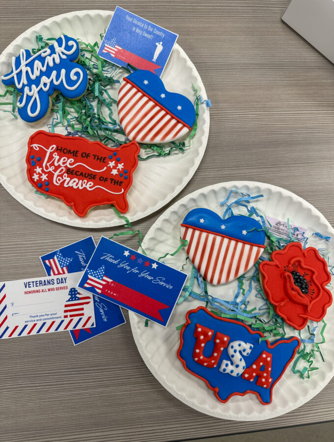 Veteran's Day cookies on plates with gift tags beside