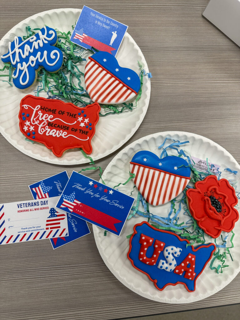 Veteran's Day cookies on plates with free gift tags