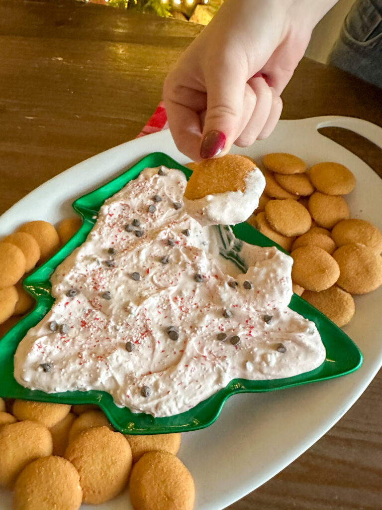 woman scoops mint chocolate chip dip from tray
