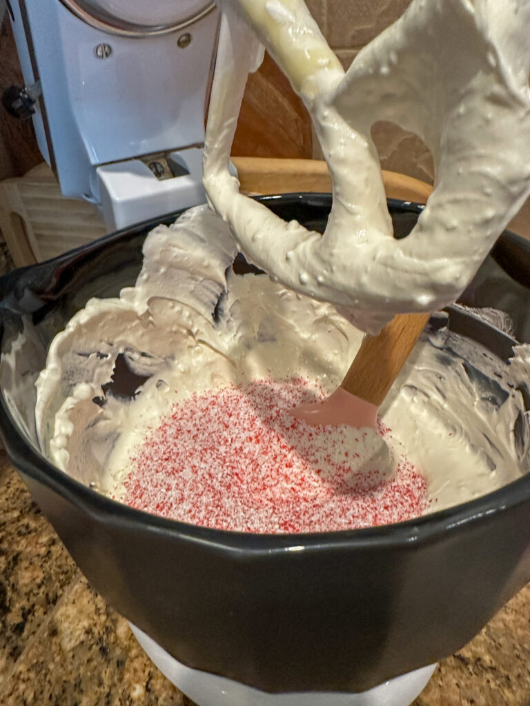 crushed peppermint in bowl for mint chocolate chip dip