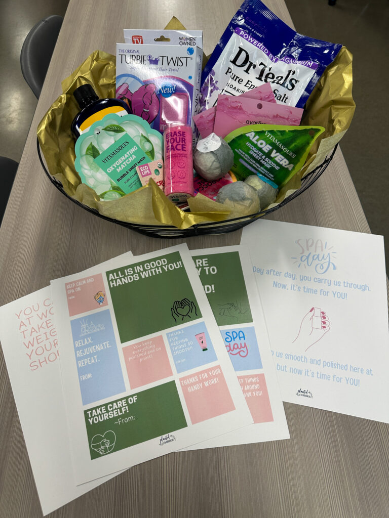 spa themed gift for principal on table with free printable spa day gift tags