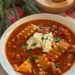 one pot lasagna soup in a white bowl