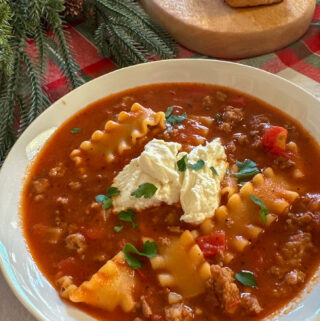 one pot lasagna soup in a white bowl