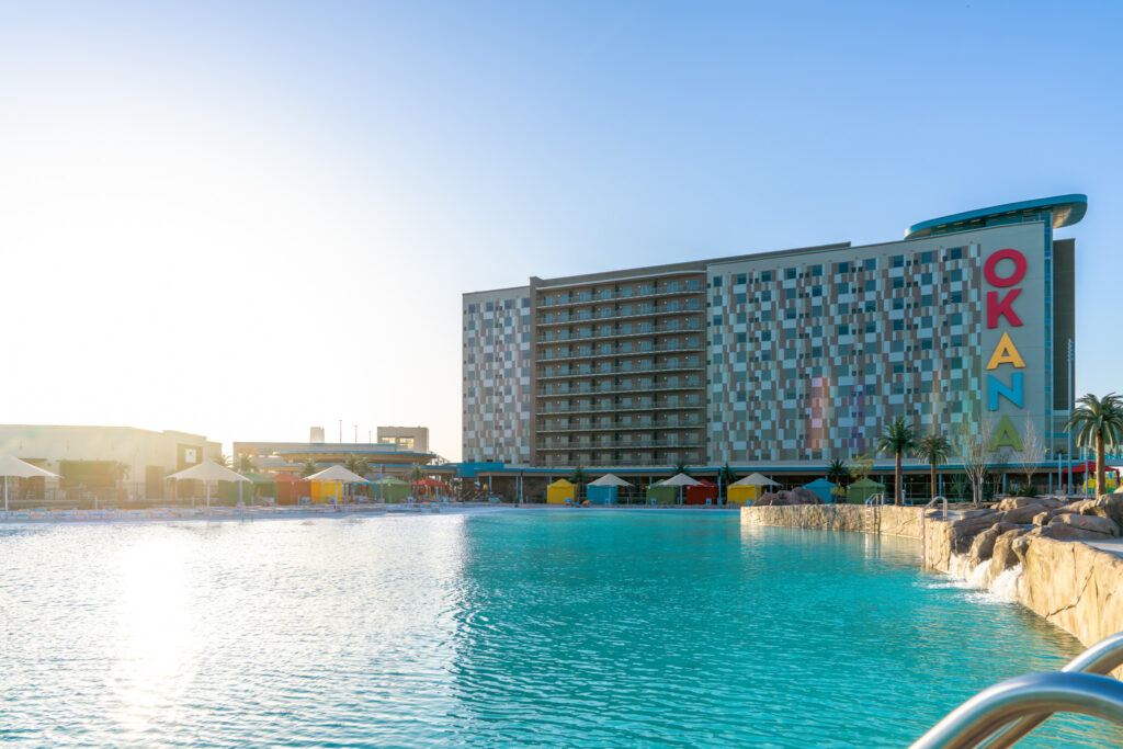 Okana Resort and Waterpark outdoor shot of building and beach area